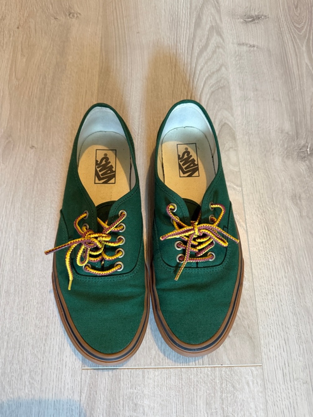 Vans Green Canvas Low-Top Sneakers with Brown Gum Sole and Yellow/Burgundy Laces